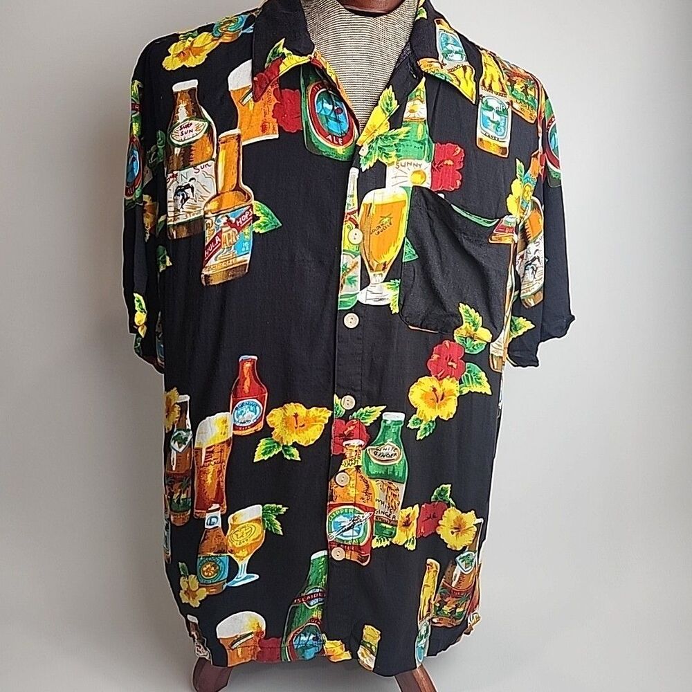 KAD Clothing Co. Hawaiian Camp Shirt Men's Large Beach Hula Beer Print Tiki Vtg